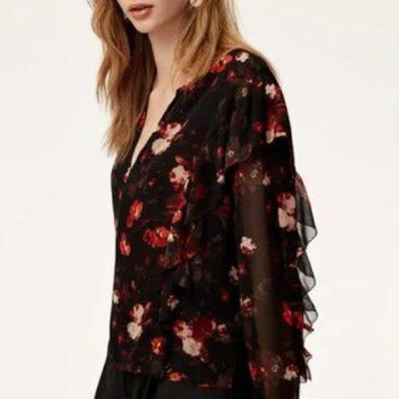Aritzia Wilfred Women's black red floral ruffle long sleeve nadine blouse in M - Picture 1 of 8